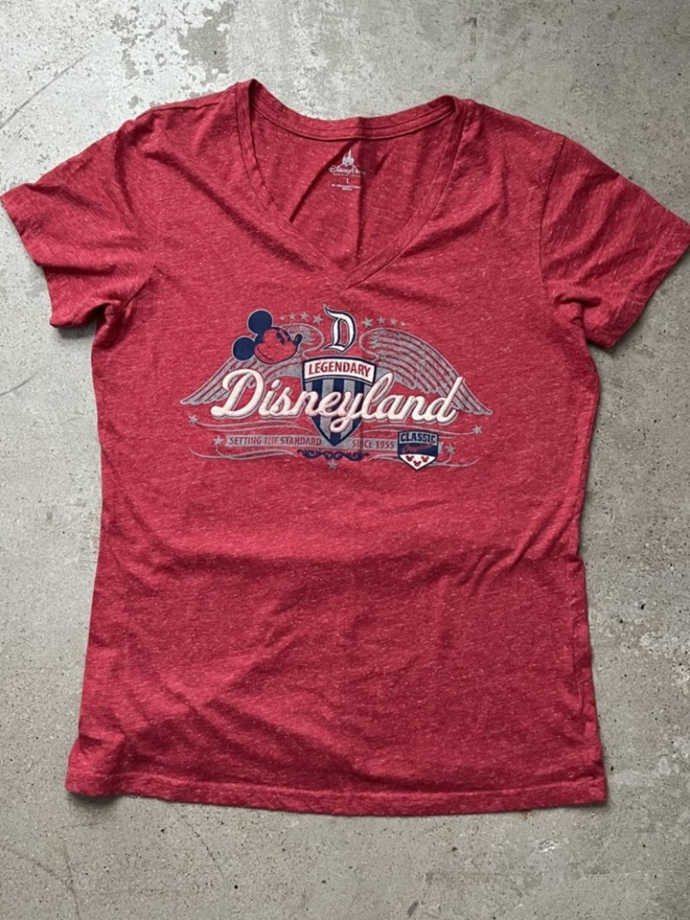 Disneyland ~ Classic "Legendary Walt Disney World" Mickey ~Red V-Neck T-Shirt, M